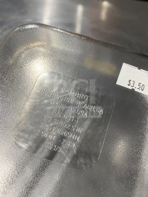 Cambro Commercial Polypropylene Translucent Food Pan Model 631-1; 1/3 size, 2.5 qt capacity, made in USA. Price marked $3.50.