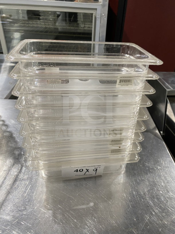 Thunder Group PLPA8142 translucent polypropylene food pans, 1/4 size, 2.5" deep. Stack of nine, new condition.
