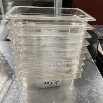 Thunder Group PLPA8142 translucent polypropylene food pans, 1/4 size, 2.5" deep. Stack of nine, new condition.