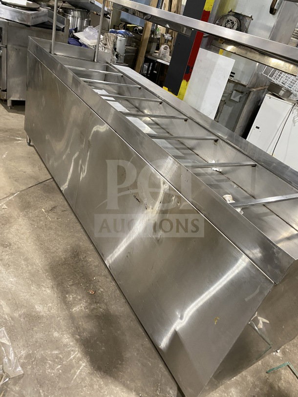 L&J stainless steel 5-well hot food steam table with double overshelf, enclosed sliding 2-door base, and legs.