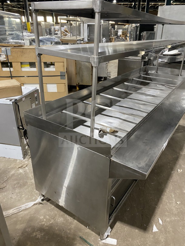 L&J stainless steel 5-well hot food steam table with double overshelf and enclosed sliding 2-door base on legs, commercial-grade.