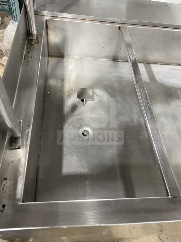 L&J stainless steel 5-well hot food steam table with double overshelf, enclosed sliding 2-door base, on legs, used condition.