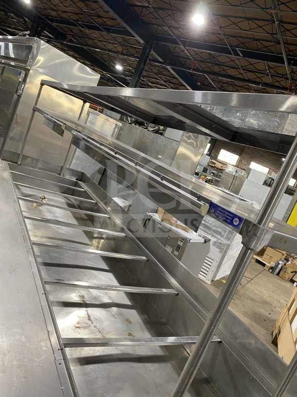 L&J stainless steel 5-well hot food steam table with double overshelf, enclosed sliding 2-door base, on legs, in good condition.