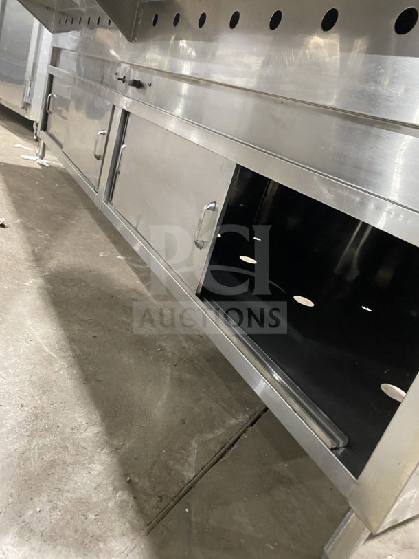 L&J 5-well stainless steel steam table with double overshelf, enclosed sliding 2-door base, on legs.
