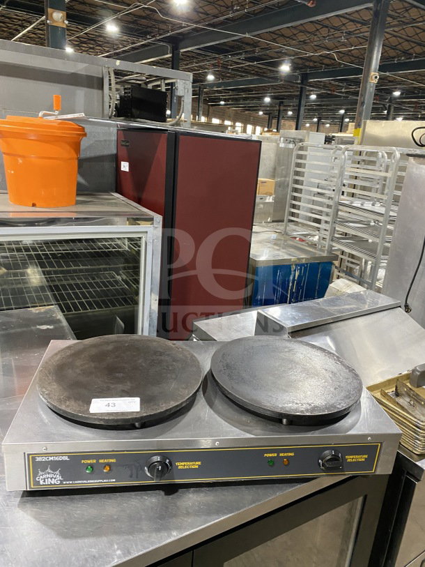 Carnival King CM16DBL dual crepe maker, stainless steel, 16" electric, model CM16DBL, SN: CK-180942R-815, used condition.