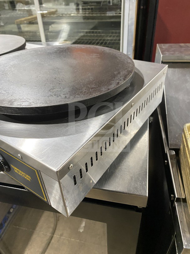 Carnival King CM16DBL dual crepe maker, stainless steel, 16" countertop design, temperature controls visible, SN: CK-180942R-815.