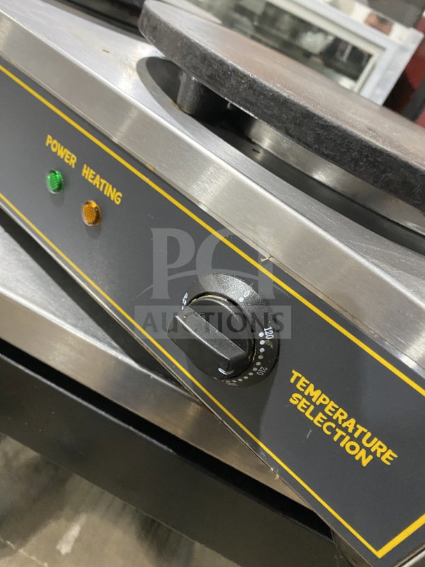 Carnival King CM16DBL dual crepe maker, stainless steel, electric, 16" surface, temperature control dial, power indicator.