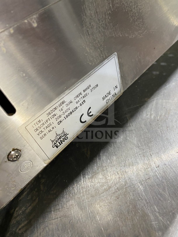 Carnival King CM16DBL 16" dual crepe maker, stainless steel, electric, 208-240V, serial CK-180942R-815, CE certified.