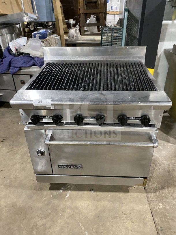American Range commercial stainless steel gas range with full charbroiler, standard oven base, wired oven rack, and casters.