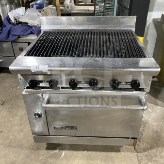 American Range commercial stainless steel gas range with full charbroiler, standard oven base, wired oven rack, and casters.