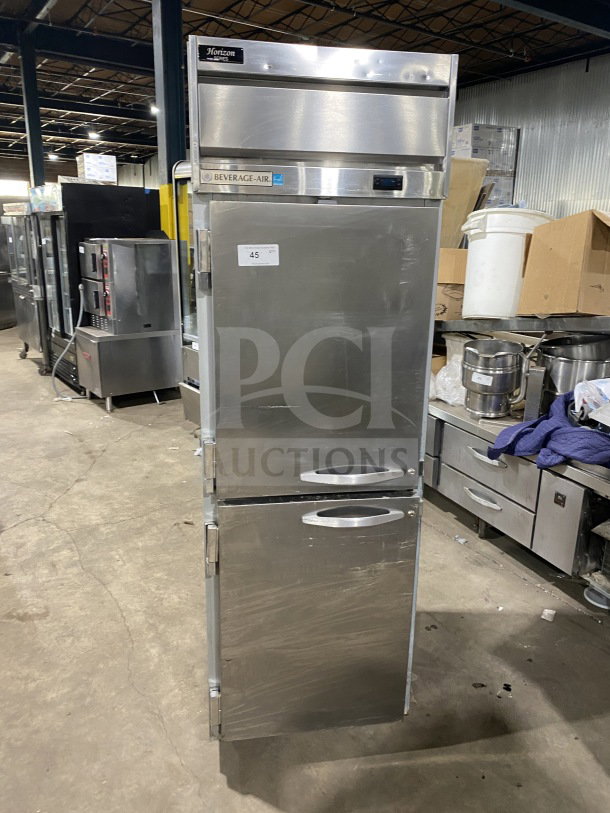 Beverage Air Horizon Series commercial stainless steel half-door refrigerator/freezer, model HF1HC-1HS-RC-18, Energy Star certified.