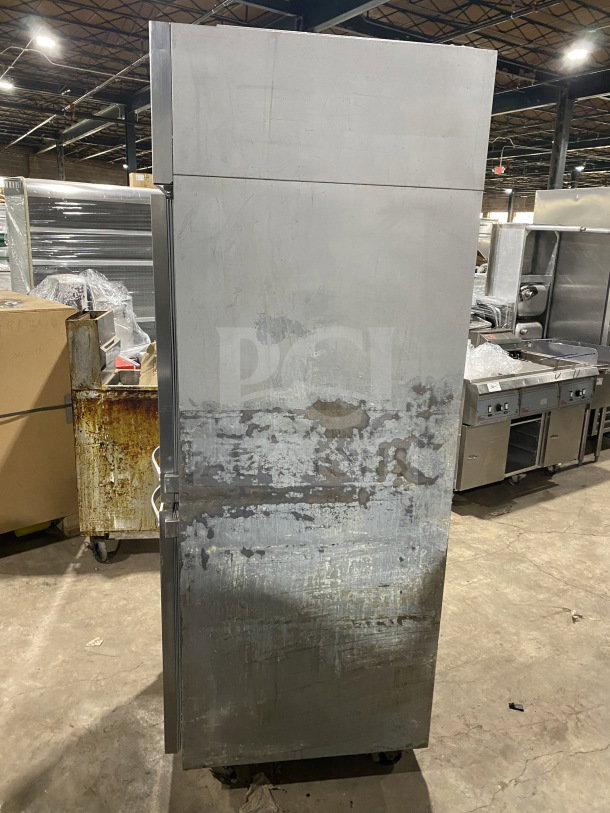Beverage Air Horizon Series half-door stainless steel refrigerator/freezer, Model HF1HC-1HS-RC-18, on casters, used condition.