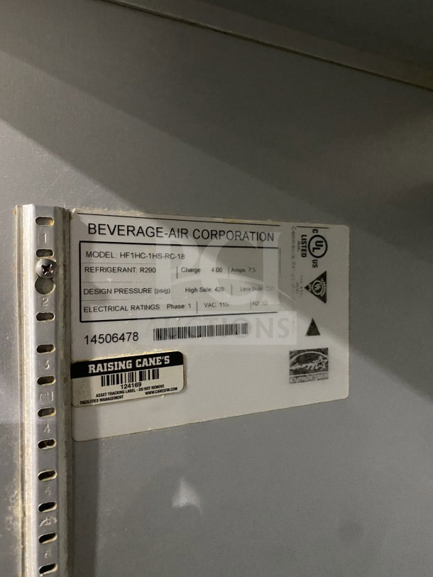 Beverage Air Horizon Series stainless steel half-door fridge/freezer tag. Model HF1HC-1HS-RC-18, Energy Star, 115V.