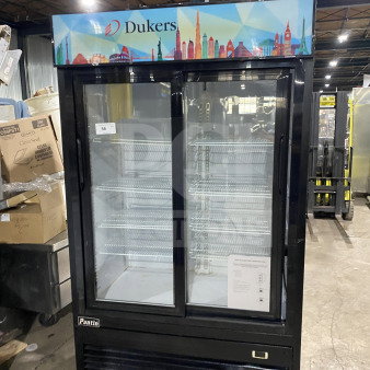 Dukers Pantin GDM40BS 2-sliding glass door reach-in refrigerator merchandiser with poly-coated racks, on casters.