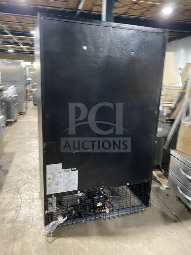 Dukers Pantin Series GDM40BS, 2-sliding glass door reach-in refrigerator merchandiser on casters, features a poly-coated rack, 115V.
