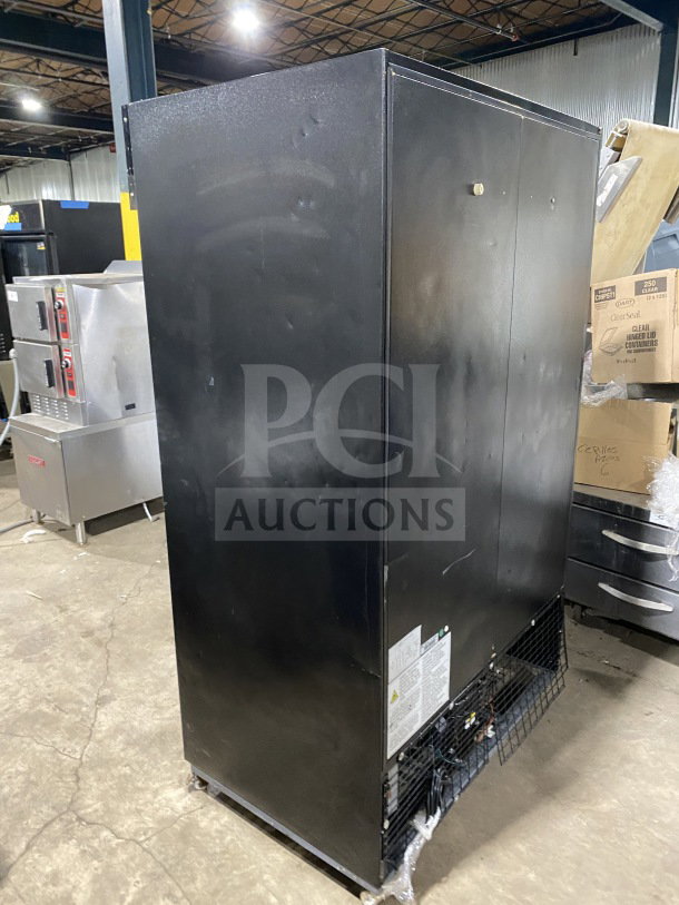 Dukers Pantin Series GDM40BS commercial reach-in refrigerator, black, 2 sliding glass doors, on casters, 115V.