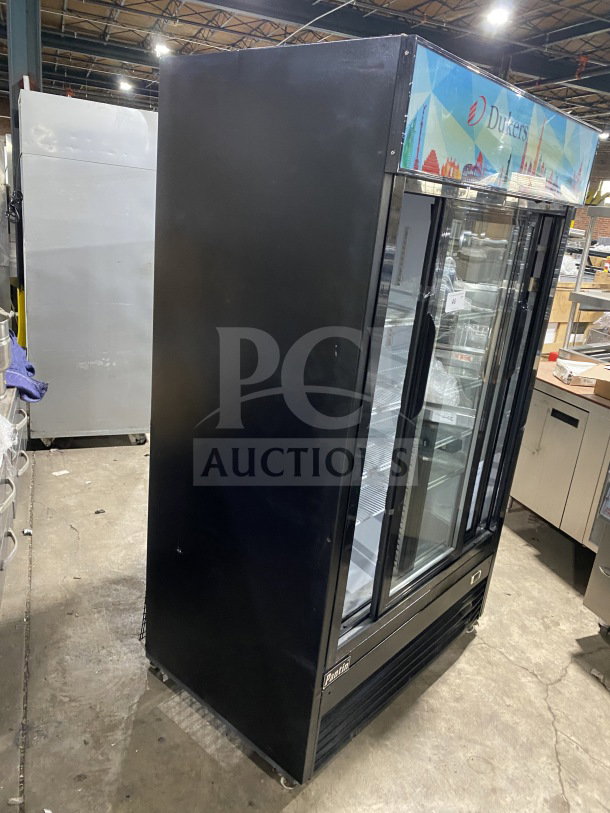Dukers Pantin Series Commercial Reach-In Refrigerator, Model GDM40BS, with sliding glass doors and poly coated rack. On casters.
