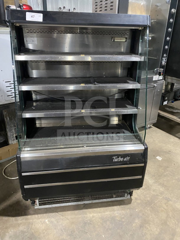 Turbo Air TOM-40M(B) black refrigerated open merchandiser display case, stainless steel interior, model number TMM40146009.