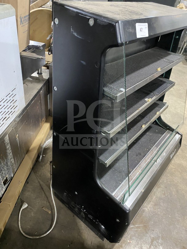 Turbo Air TOM-40M(B) refrigerated open merchandiser; black with stainless steel interior, multi-tiered, 120V, 1 phase.