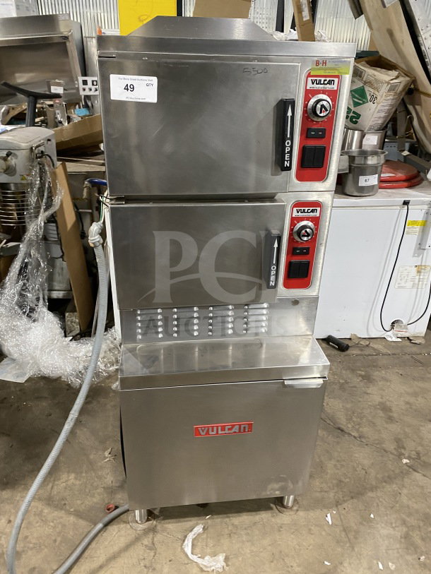 Vulcan Series 2 Compartment Commercial Food Steamer, Model V3X246, on casters, stainless steel, visible Vulcan logos.