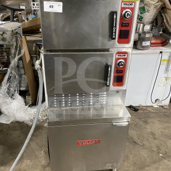 Vulcan Series 2 Compartment Commercial Food Steamer, Model V3X246, on casters, stainless steel, visible Vulcan logos.