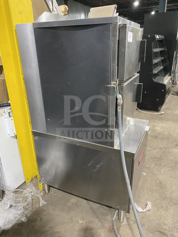 Vulcan Series 2 Compartment Commercial Food Steamer, Model V3X246, stainless steel, on casters, in good condition.