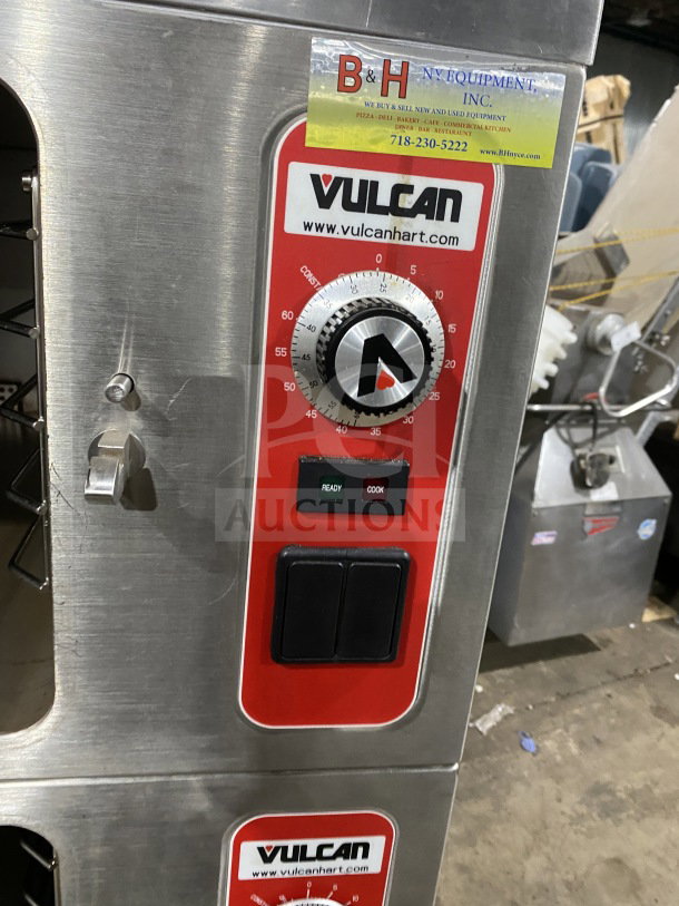 Vulcan Series 2 Compartment Commercial Food Steamer, Model V3X246, with control knobs, ready/cook indicators, on casters.