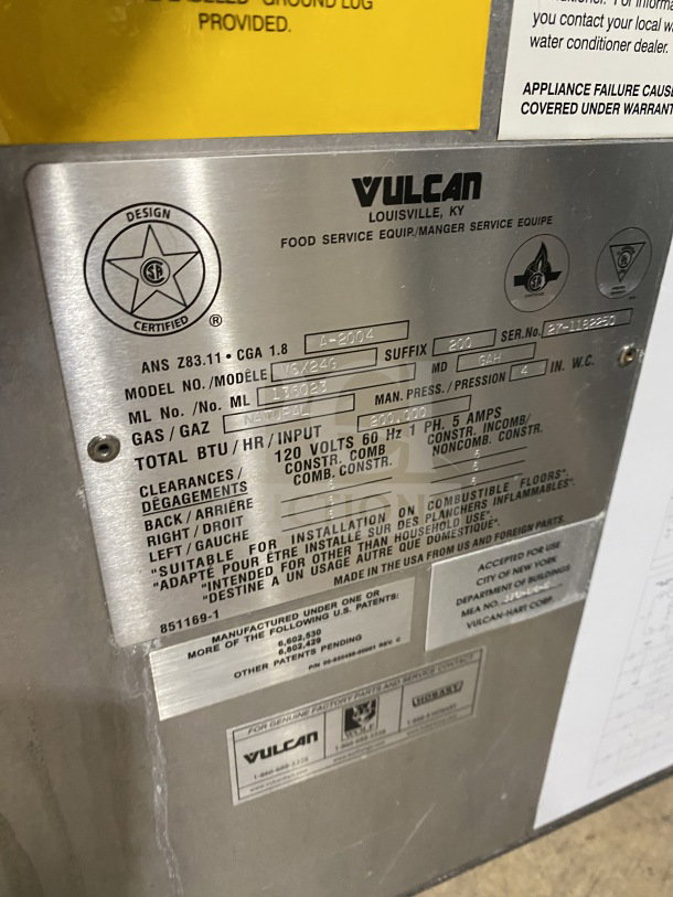 Vulcan V3X246 commercial food steamer; 2 compartments; serial number 24-1182250; on casters; design certified label visible.