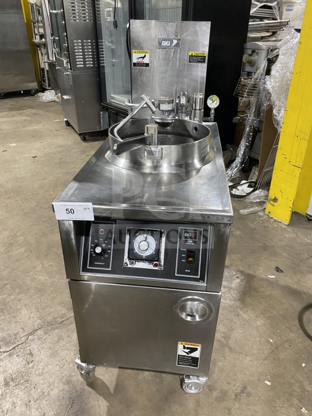 BKI LPF F48 commercial electric pressure fryer with oil filter. Model LPF-F48, SN: 102614, on casters, 208V.