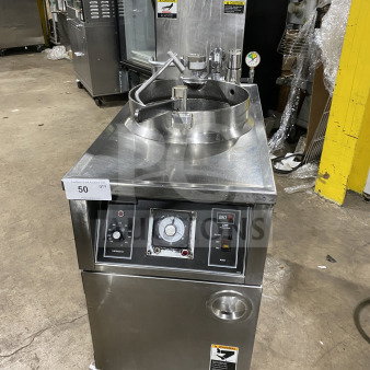 BKI LPF F48 commercial electric pressure fryer with oil filter. Model LPF-F48, SN: 102614, on casters, 208V.
