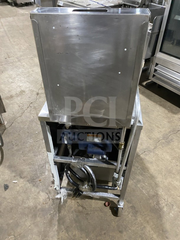 BKI LPF-F48 commercial electric pressure fryer with oil filter, on casters, 208V, in good condition, model and serial number visible.