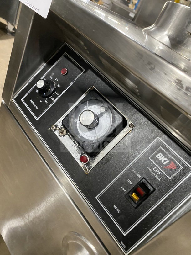 BKI LPF-F48 Commercial Electric Pressure Fryer, stainless steel, with oil filter, temperature and mode controls shown.