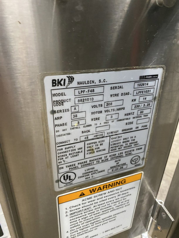 BKI LPF commercial electric pressure fryer, Model LPF-F48, with oil filter and casters. Serial: 102614, 208V. UL listed label visible.
