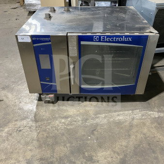 Electrolux Air-O-Convect AOS062GKP1 stainless steel combi oven, natural gas, touch controls, wired rack, model SN:40510001.