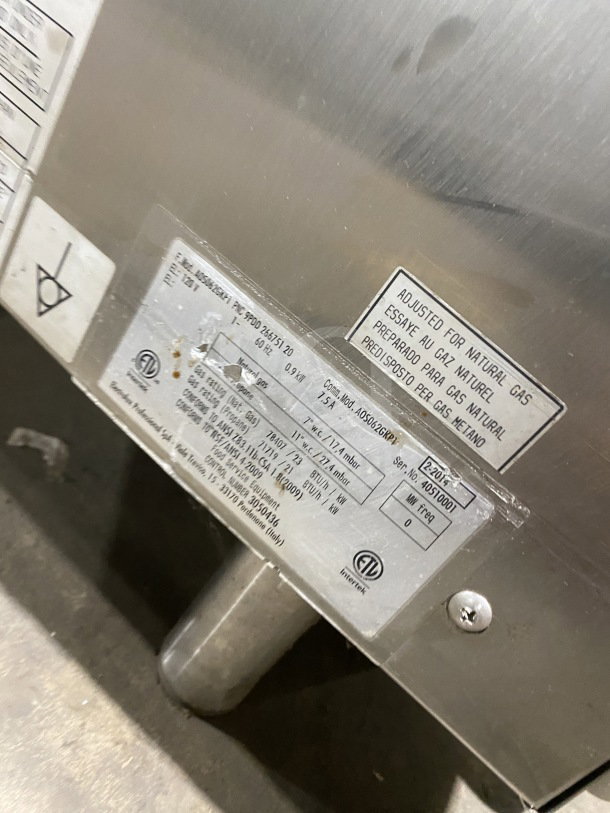 Electrolux Air-O-Convect combi oven, model AOS062GKP1, stainless steel, natural gas, touch controls, on legs, serial 40510001.