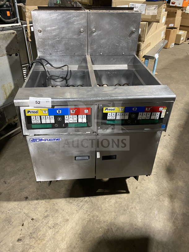 Pitco Solstice Supreme SSH55 commercial natural gas deep fat fryer, 2-bay, stainless steel, with backsplash, basket hanger, filtration system, on casters.