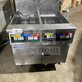 Pitco Solstice Supreme SSH55 commercial natural gas deep fat fryer, 2-bay, stainless steel, with backsplash, basket hanger, filtration system, on casters.