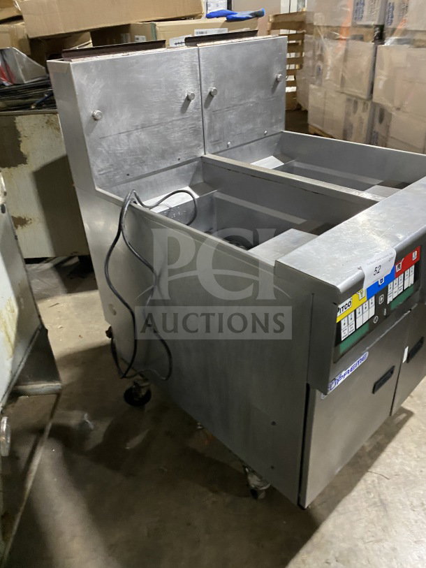 Pitco Solstice Supreme SSH55 stainless steel 2-bay fryer, natural gas, with filtration, basket hanger, and casters.