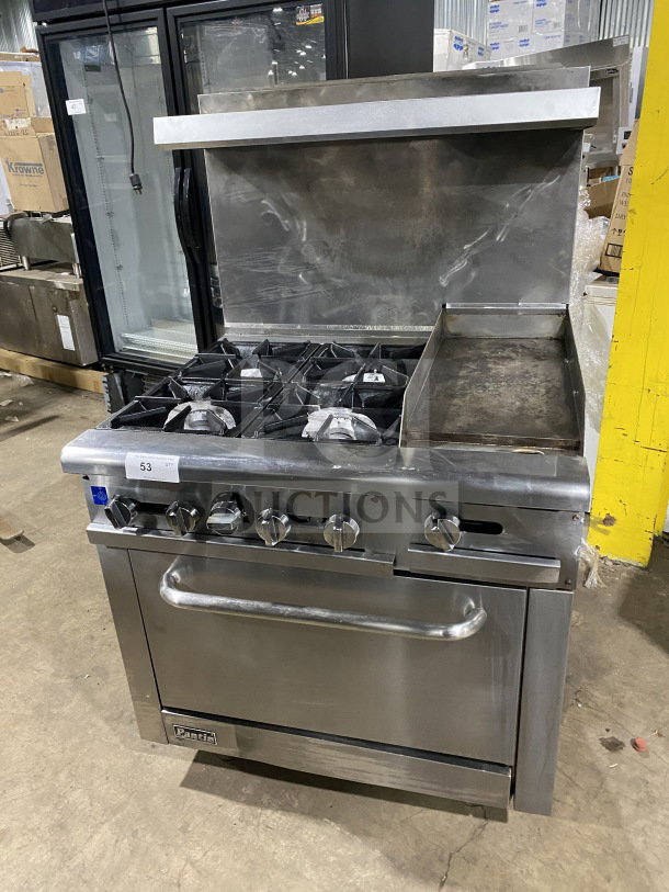 Pantin Commercial Stainless Steel 36" Gas Range with 12" Griddle, 4 Burners, Oven Base. Model LI-RGR36-G12, SN: 18071307.