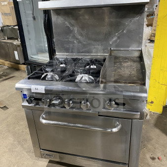Pantin Commercial Stainless Steel 36" Gas Range with 12" Griddle, 4 Burners, Oven Base. Model LI-RGR36-G12, SN: 18071307.