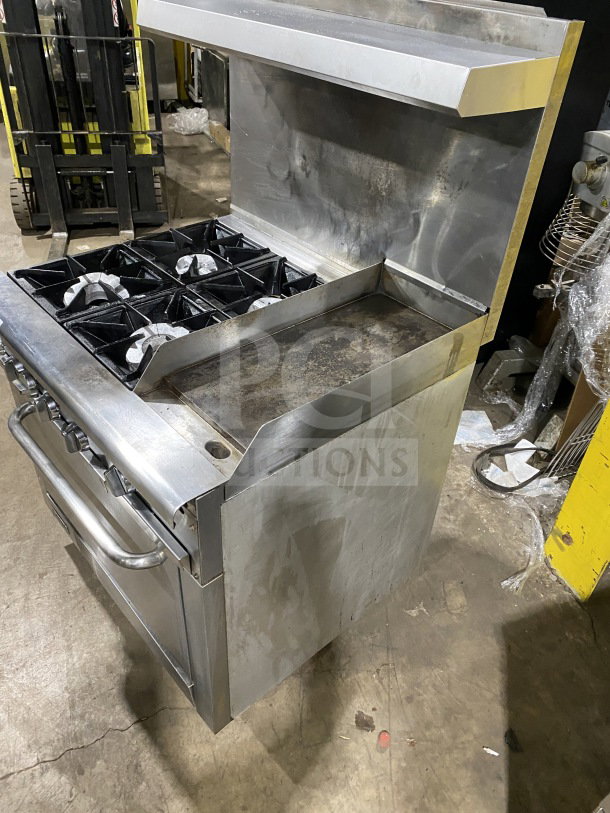 Pantin LI-RGR36-G12 gas range, 36", stainless steel, 12" griddle, 4 burners, standard oven base, used condition, SN: 18071307.