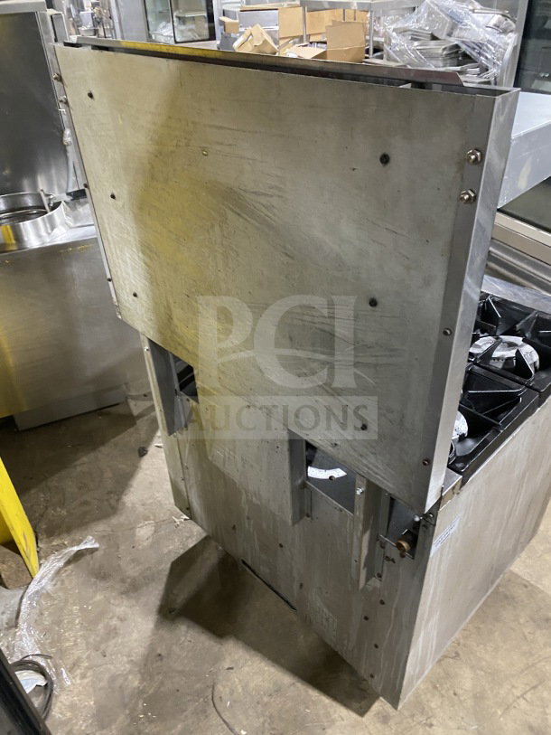 Pantin stainless steel 36" gas restaurant range, model LI-RGR36-G12, with 12" griddle, 4 burners, and oven base. Serial number 18071307.