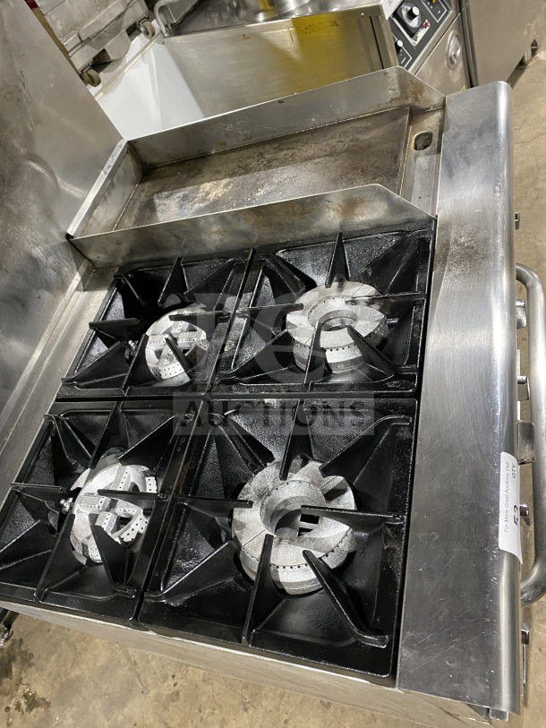 Pantin 36" stainless steel gas range with 4 burners, 12" griddle, standard oven. Model LI-RGR36-G12, SN: 18071307. Used condition.