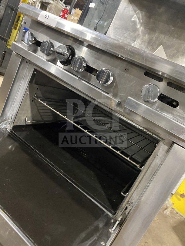 Pantin stainless steel 36" gas range with 12" griddle, 4 burners, and standard oven base. Model LI-RGR36-G12, SN: 18071307.