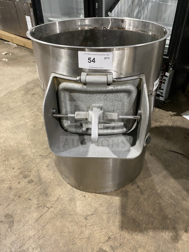 Hobart commercial stainless steel electric potato peeler, used condition, visible auction tag, model info unavailable.