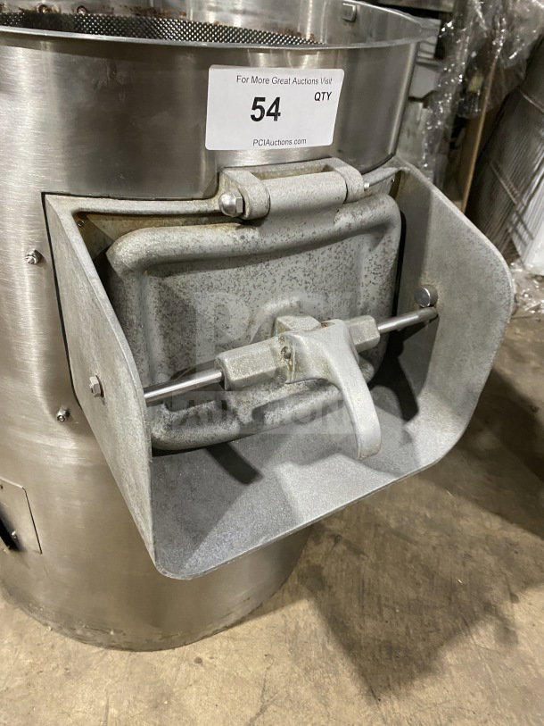 Hobart commercial stainless steel electric potato peeler, sturdy build, model tag visible, excellent used condition.