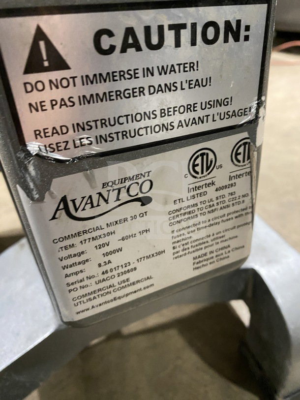 Avantco 30 QT Commercial Mixer, Model 177MX30H, Serial 46 017123-177MX30H. Stainless steel, 120V, 1000W, ETL listed.