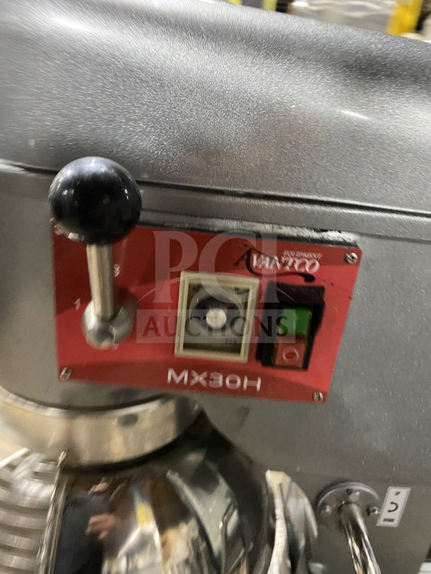 Avantco Commercial 30 QT planetary stand mixer, model 177MX30H. Stainless steel, electric 120V. Control panel visible.