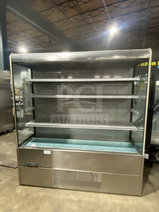 Commercial stainless-steel open-air merchandiser, electric powered, features shelving and lower cooling unit, good condition.