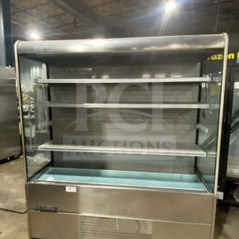 Commercial stainless-steel open-air merchandiser, electric powered, features shelving and lower cooling unit, good condition.